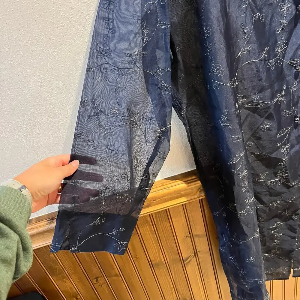 Ulla Popken Sheer Navy Embroidered Duster Feminine Fairy 26-28 Boho Casual